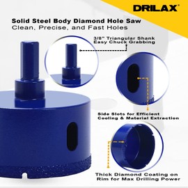 Drilax 4 Inch Diamond Hole Saw Ceramic Porcelain Tile Quartz Granite Countertop Glass Bottle Super Long Life Vacuum Brazed Technology Single Pack Tile Drill Bit 4 inch