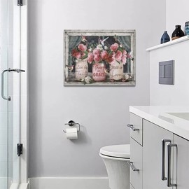 Farmhouse Canvas Wall Art Rusitc Pink Rose Wall Decor Flower Mason Jar Hummingbird Pictures Painting Prints Framed Decor Country Home Artwork for Bedroom Bathroom Living Living Room 12"x16"