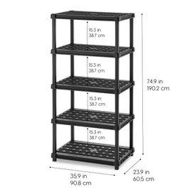 IRIS USA 5-Shelf Heavy Duty Deep Plastic Storage Shelves, 750lb Capacity, 75" H x 36" W x 24" D, Large Modular Shelving Unit Storage Organizer for Garage, Home, & Bathroom, Rack - Black