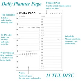 Yaridar Undated Daily Planner Refill - 11 Disc Discbound To Do List Refills, Letter Size 100 Sheets/200 Pages Planner and Lined Refill, Day Planner Insert, 100 gsm White Paper, 8.5'' x 11''