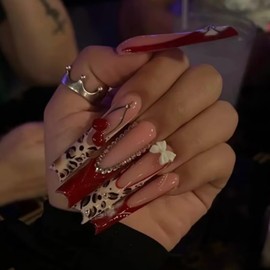 IMSOHOT Red Press on Nails Long Square Fake Nails French Tip False Nails with 3D Cherry & Rhinestones Designs Acrylic Glue on Nails Full Cover Leopard Print Stick on Nails for Women Girls