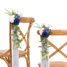 DORIS HOME Wedding Chair Decorations Blue Pew Flowers Set of 10 for Wedding Ceremony Party Aisle Decor with Artificial Flowers Eucalyptus and Ribbons