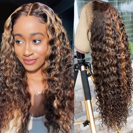 Ombre Deep Wave Lace Front Wigs Human Hair Pre Plucked 4/27 Highlight 13x4 Lace Frontal Closure Wigs for Women Human Hair 150% Densitys Glueless Brazilian Curly Lace Front Human Hair Wig with Baby Hair (22 Inch)