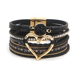GZJINYUAN Heart Leather Wrap Bracelet, Boho Layered Cuff Bangles with Strong Clasp, Rhinestone Multilayer Stackable Bracelets for Women Mother's Day Gift (Black)