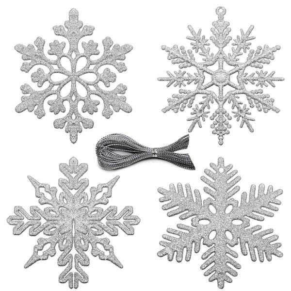 JANMIN 48pcs Christmas Glitter Snowflakes, Plastic Snowflake Ornaments Glitter Snowflakes Hanging Crafts for Xmas Tree Decorations, Silver