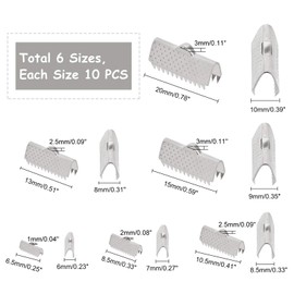 UNICRAFTALE 6 Sizes 60pcs Rectangle Ribbon Ends Stainless Steel Ribbon Clamp Crimps with Loop Ribbon Ends Fastener Clasp Leather Crimp Ends for Jewelry Making Stainless Steel Color