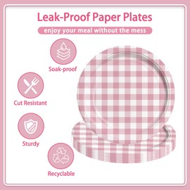 LARRAZABAL Pink and White Gingham Paper Plates sets- 9inch Checkered Plaid Plates Supply for Picnic Barbecue Birthday Baby Shower Supplie Wedding Party Decorations（48 Pack）