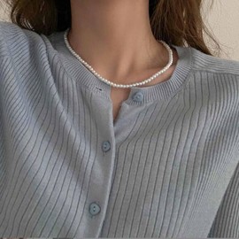 Aneneiceera Vintage Pearl Necklace Choker Necklace Gold Pearl Necklace Stand Pearl Collar Necklace Retro Freshwater Pearls Station Necklace Chain Jewellery for Women (4 mm), Zinc