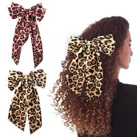 elook Hair Bows Clip, 2 PCS Leopard Print Hairclip, Hair Pin with Long Tail Ponytail Holder Hair Ribbon for Women Girls - Yellow + Red