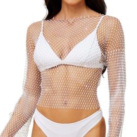 JasGood Rhinestone Shiny Mesh Body Chain Tops for Women Sparkling Bikini Crop Top for Night Club Party Festival, White long sleeve