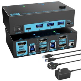 8K Dual Monitor KVM Switch Dual HDMI 2.1 2 Monitors 2 Computers 2 in 2 Out 4 Port USB 3.0 8K@60Hz/4K@120Hz KVM Switches， Wired Desktop Controller & 2 USB 3.0 Cables Included