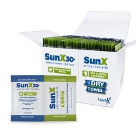 CoreTex Sun X 30+ Broad Spectrum Sunscreen Packets & Dry Towels Duo Kit - Pack of 25 Paraben, Oxybenzone, Octinoxate, & Oil Free Sunscreen - No White Cast and Water Resistant Up to 80 Minutes