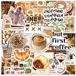 Aesthetic Coffee Theme Stickers - 50 Waterproof Funny Coffee Sticker for Water Bottle, Vinyl Decals for Laptop Phone Pad Kindle Scrapbook Journal Party Favors(CF)