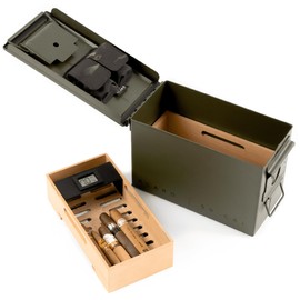 CASE ELEGANCE - The Smoke Can 50CAL Humidor, Thick Metal Ammo Box, Spanish Cedar Shelves, Army Green Finish, 69%, Digital Hygrometer, Magnetic Accessory Case - Holds 30-40 Cigars