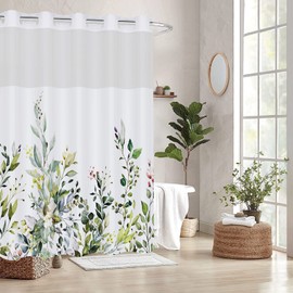 REZAYMRS Floral 3 in 1 Shower Curtain No Hooks Design, 71x74 inch Waterproof & Washable, Polyester Shower Curtains with Snap in Fabric Liner, Sheer Top Window, Double Layer Bathtubs Hotel Curtain Set