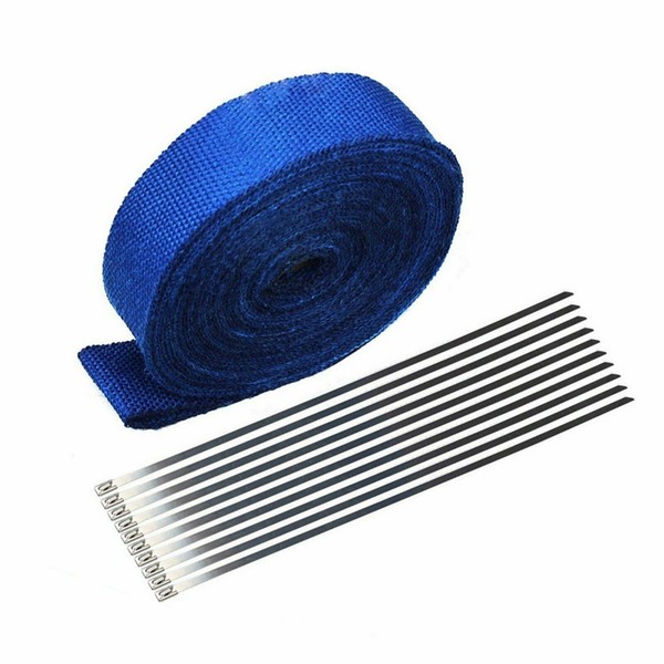 VOWAGH 2" x 50' Exhaust Heat Wrap Roll for Motorcycle Fiberglass Heat Shield Tape with Stainless Ties (Blue)