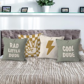 HIWX Rad Little Cool Dude Preppy Sage Green and Orange Checkered Peace Sign Lightning Decorative Pillowcase, Trendy Preppy for Sofa Bed Boy Teen Room Dorm Decor 18 x 18 Inch Pillow Case Set of 4