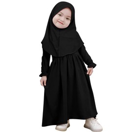Newborn Infant Muslim Dress for Baby Girls Abaya Prayer Dress with Hijab Toddler Kids Long Sleeve Islamic Kaftan Two Piece Set Middle East Arabian Dubai Outfit 1st Ramadan Eid Clothes Black 2-3 Years