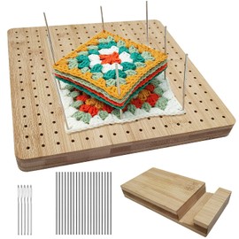 Squares Blocking Board, Crochet Accessories, Wooden Perforated Plate, Locking Board for Granny Square with 20 Stainless Steel Rod Pins and 5 Needles with Large Eye (Wood)