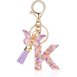 QUKE Alphabet Initial Letter Keychain Purple Tassel Butterfly Pendant Resin Keyring for Purse School Bag Women Girls - K