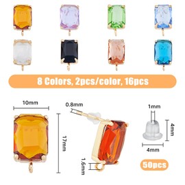 SUPERFINDINGS Pack of 16 8 Colours Brass Stud Earrings Glass Rectangular Stud Earrings with Eyelet Stud Posts for Jewellery Making Hole: 1.6 mm Pin: 0.8 mm