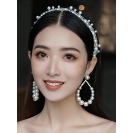 JWICOS Bride Crystal Pearl Hair Vine Earrings Set Headband Wedding Hair Accessories Headband for Party (Silver)