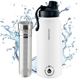 GROSCHE Chicago Stainless Steel Tea Infuser Flask | Beverage Bottle | Hot & Cold Drinks | Loose Leaf Tea Infuser | Travel Convenience Water Bottle | 32 fl oz, White