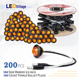 Ledvillage 3/4" Amber LED Marker Light DC Plug Pack of 100 Pcs + 2 Prong Harness Roll Double Female Plugs 100 Counts Indicator Light, Clearance Light for Truck Trailer RV Pickup