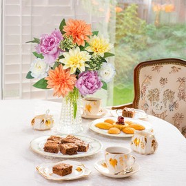 Silk Flowers with Stems for Home Decor - Artificial Purple Peonies and Dahlia Tubers Bouquet; 2 Stems 10 Branches Realistic Fake Flowers for Wedding Table Centerpiece Vase Decor & Sympathy Floral