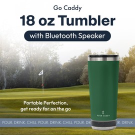 Go Caddy 18 oz Tumbler with Bluetooth Speaker, Insulated Stainless Steel Travel Cup with Lid, Hot & Cold Drink Beverage Container, Removable Speaker with Microphone, Rubber Base, Dark Green