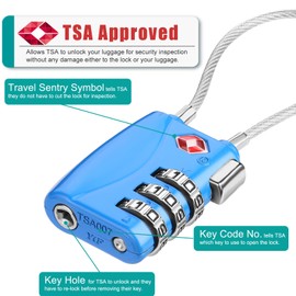 ZHEGE Travel Lock TSA Approved, Cable Travel Lock, 3 Digit Combination Zipper Locks for Suitcases, Baggage, Backpacks, Briefcases, Small Suitcase Padlocks for Gym, School (Blue, 2 Pack)