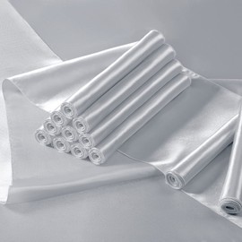 Manyshofu 12Pcs Satin Silver Table Runner - 12 x 108 Inch Long Size, Party Table Runner Decor Bright & Smooth Wedding Decorations Table Runner for Banquet Chef Birthday Buffet Dinner Graduations
