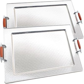 Maro Megastore (Pack of 2) 19.9 inch x 15 inch Rectangular Chrome Serving Tray with Handles Sturdy Heavy Vintage Floral Edge Engraved Decorative Buffet Party Plate Platter Base Serving Tray GD-426