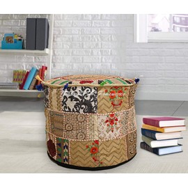 DK Homewares Traditional Round Seat Pouf Made of Haubock Beige Patchwork Embroidered Cotton Living Room Stool Cover Decorative Ottoman Footrest Seating Furniture (18 x 18 x 13 Inches / 45 cm) Cover