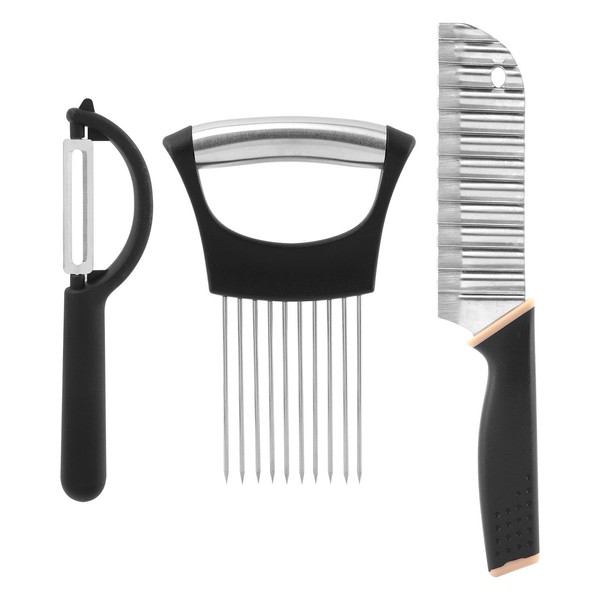 3pcs Stainless Steel Onion Slice Holder,With Peeler French, Crinkle Cutter