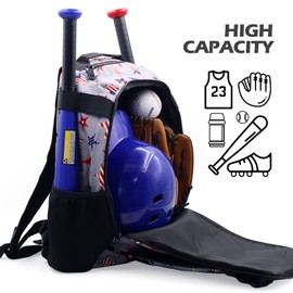 ZOEA Youth Baseball Bat Bag Backpack, T-Ball & Softball Equipment & Gear for Youth, Large Capacity Holds 2 Bats, Helmet, Gloves, Cleats, Helmet Holder and Includes Fence Hook (Star Grey)