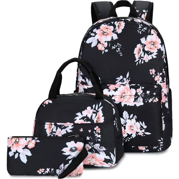 School Backpacks for Teen Girls Lightweight Canvas Backpack Bookbags Set (074-Black Flower)