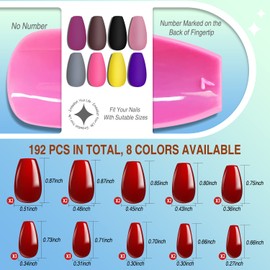 8 Solid Color Matte Short Coffin Press On Nails Pack #5, 192PCS Acrylic Medium Length Ballerina False Nail Art Tips Set for Women with Glue, Adhesive Tabs, File, Cuticle Stick and Prep Pads