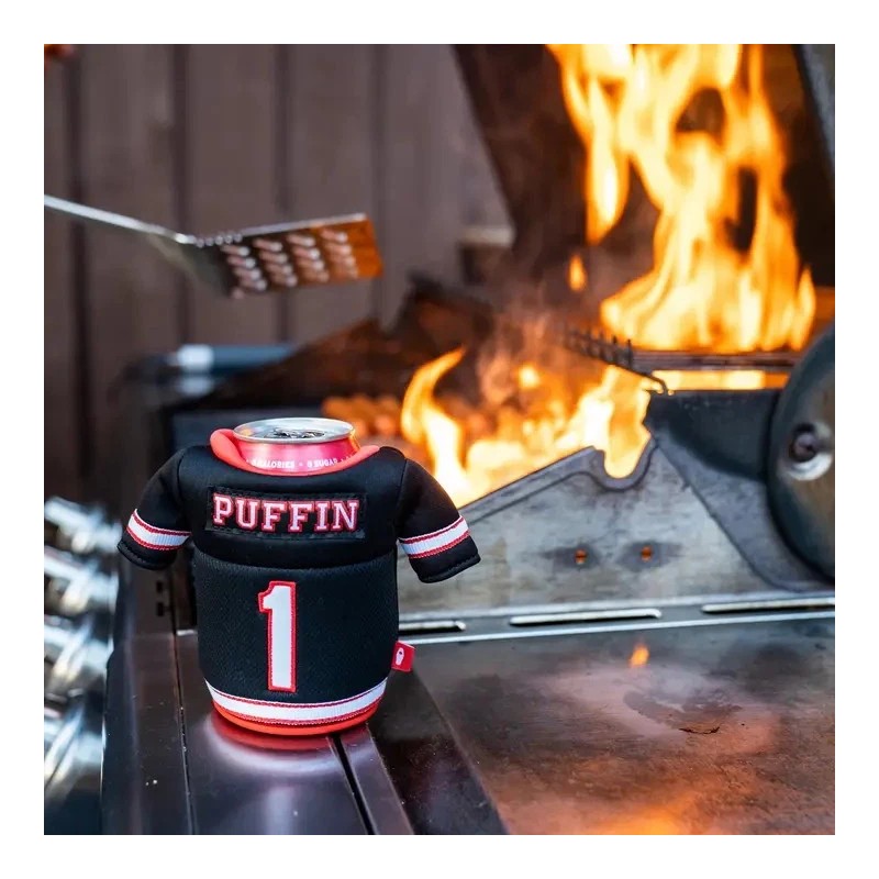Puffin Drinkwear Gridiron Jersey Black & Risky Red Can Cooler