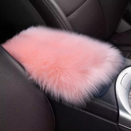 BDZMC Auto Center Console Cover Pad, 11.81"x 7.87" Warm & Furry Winter Car Armrest Cover, Soft Faux Sheepskin Wool Car Armrest Seat Box Protector Cushion, Universal Interior Accessory (Pink)