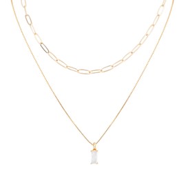 2pcs Gold Charm Necklaces for Women, No Fade Zircon Trendy Stack Pendant Birthstone Necklace and Paperclip Choker Stylish Birthday Jewelry Gift (April Diamond)