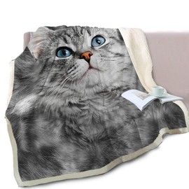 BlessLiving Gray Cat Blanket Animal Print Fleece Blanket Cat Sherpa Blanket Cat Fuzzy Blankets and Throws for Kids Adults Travel/Single Cat Gifts for Women Girls (130x150cm)