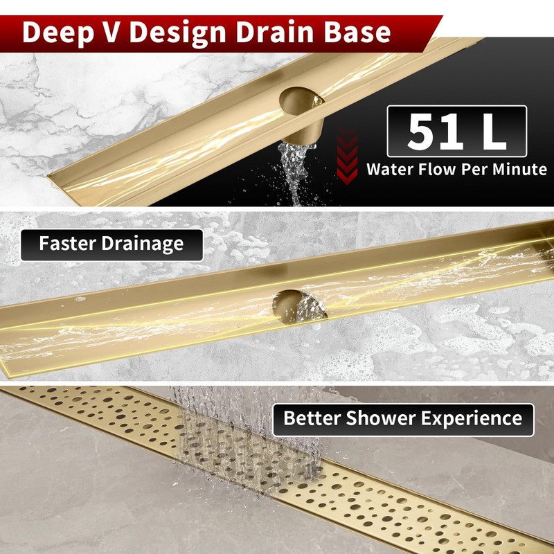 Sharp-tec 28 inch Linear Shower Drain, Gold Rectangular Floor Drain,