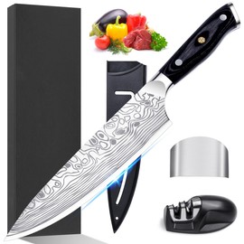Meleho 8In Chef Knife,High Carbon Stainless Steel Chef Knife,Meat Cleaver and Vegetable Kitchen Knife,Chef knife with Finger Guard and Knife Sharpener,Chef Knives Gift Box for Family and Friends