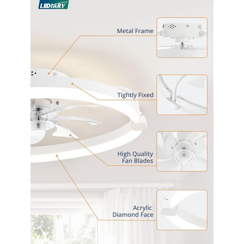 LEDIARY Ceiling Fans with Lights and Remote, 20'' Low Profile