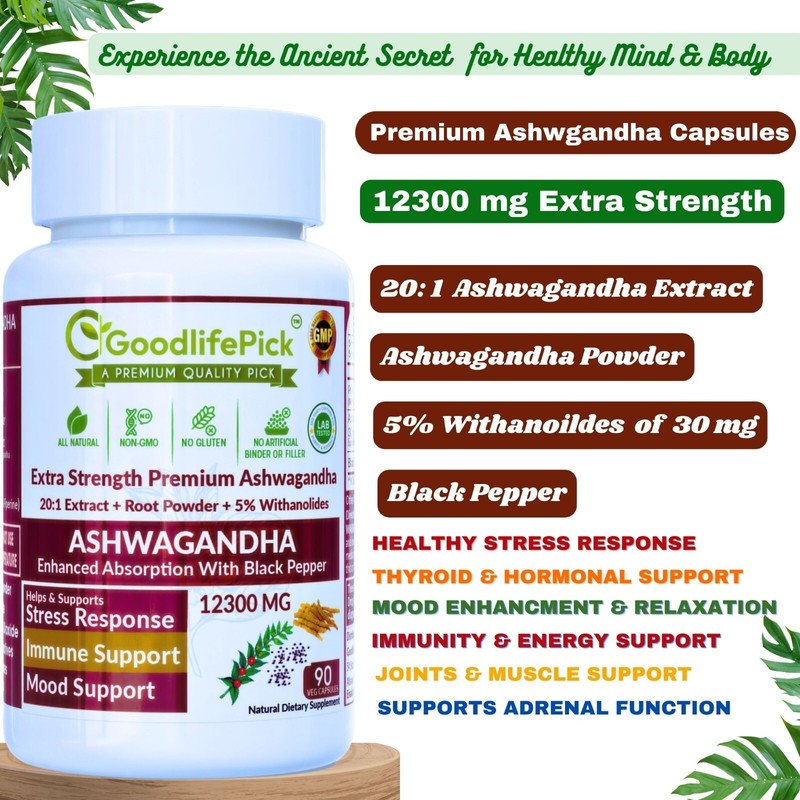 Powerful Ashwagandha 12300mg & 5% Withanolides Black Pepper 90 cap