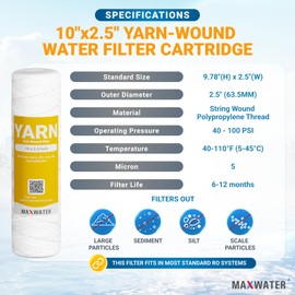 Max Water 5 Micron 10 x 2.5 String Wound Sediment Water Filter Cartridge Replacement for Whole House water filter system and RO System, Compatible with Well Water Filter WFPFC4002, WHKF-WHSW (6 Pack)