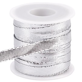 GORGECRAFT Silver Dreadlock Ribbon String 38.3 Yards 3/8 Inch Braided Baker's Thread Rope Nylon Satin Cord Sparkly Metallic Edge Twine Glitter Woven Cord for Craft Bracelet Hat Shoes Embellishments