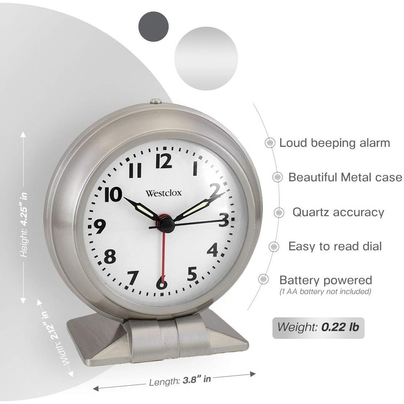Westclox Classic Alarm Clock – Silver Finish, 4.75W x 5.5H