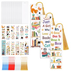 24 Pcs Acrylic Bookmark Blanks with Tassels: Clear Bookmarks Making Kit with 24 Pcs Cute Cat and Book UV DTF Book Mark Transfer Stickers, Gifts DIY Craft Kit for Girls Kids Students Book Lovers